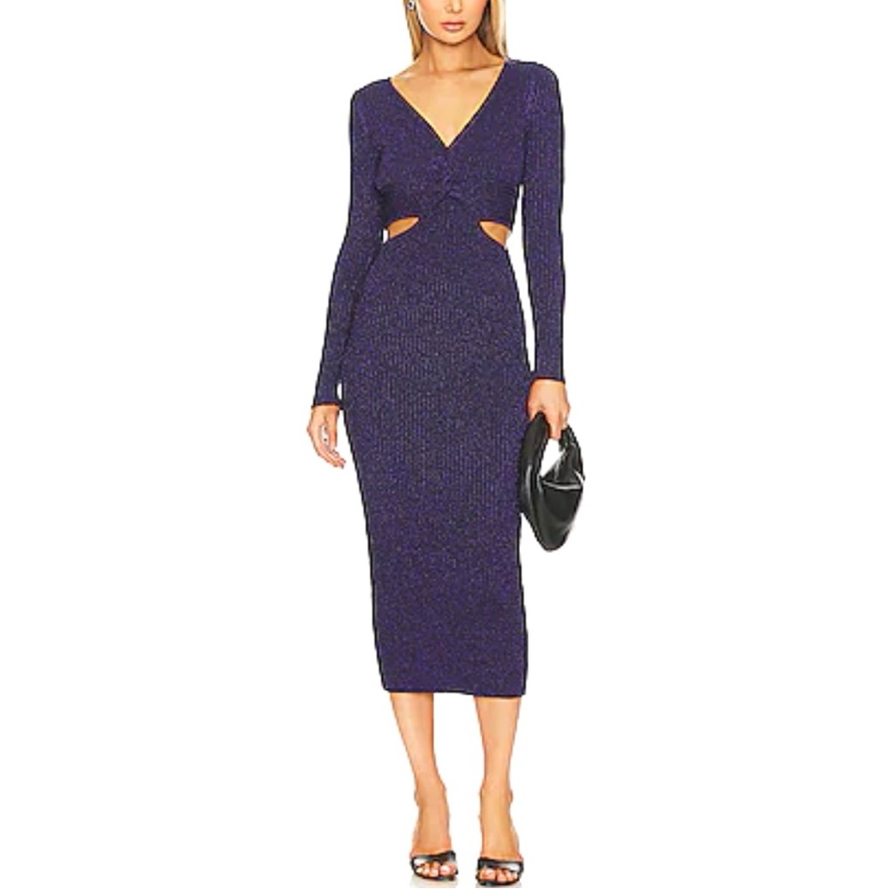 ASTR The Label Riya Purple Shimmer Ribbed Sweater Midi Body Con Dress